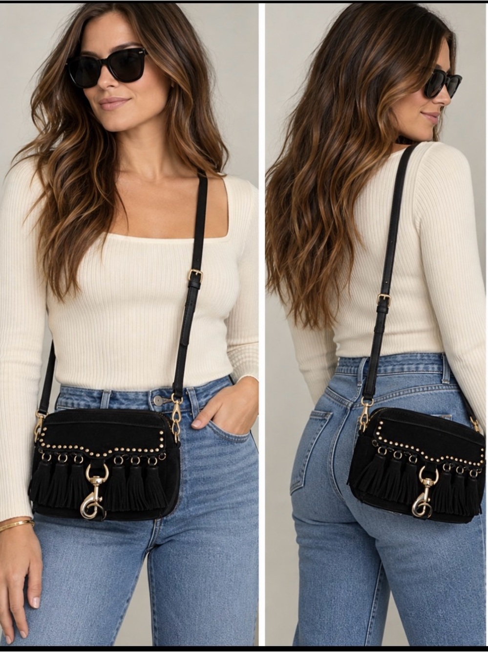 Rebecca Minkoff Black Suede Tassel Crossbody camera bag style